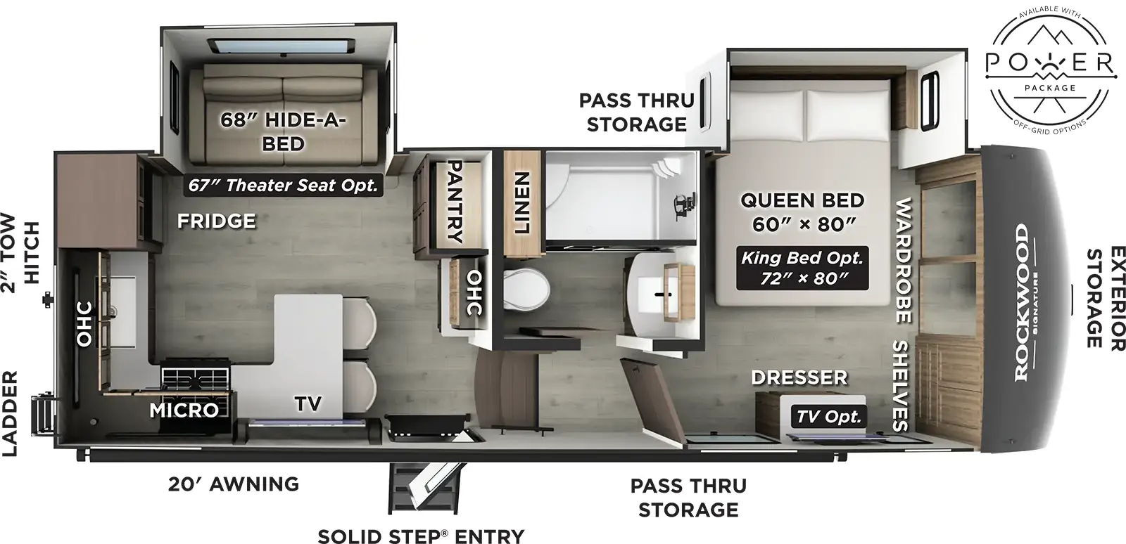 The Rockwood Signature Fifth Wheels R281RK floorplan has one entry and two slide outs. Exterior features include: fiberglass exterior and 20' awning. Interiors features include: rear kitchen and front bedroom.